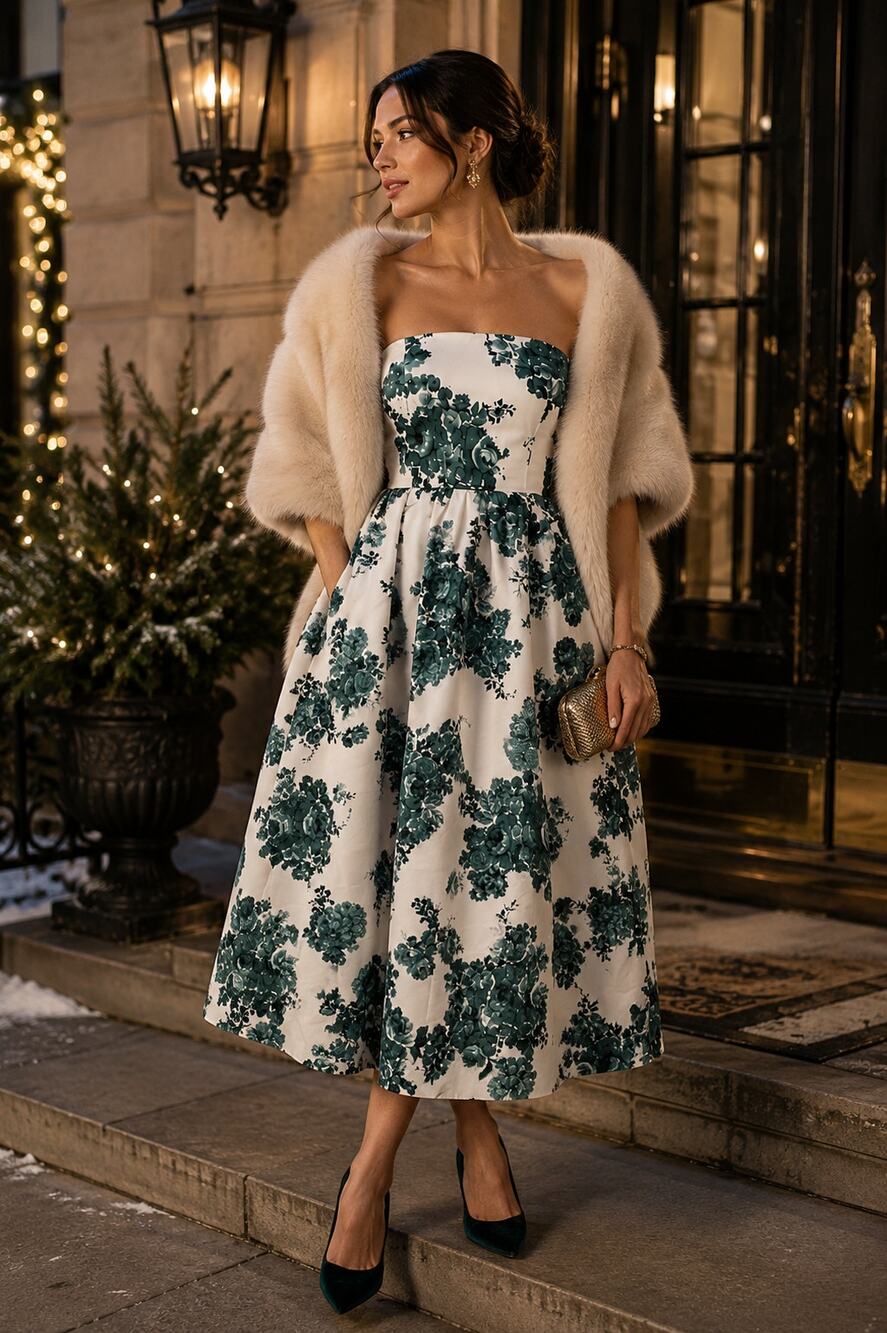 Sachin & Babi Blaine Strapless Taffeta Floral Midi Dress Green White size 6